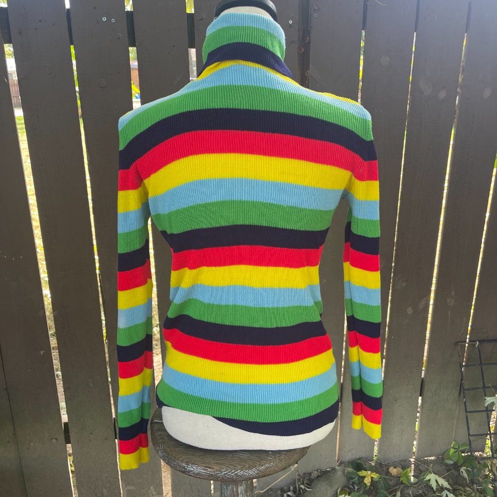 Vintage 1970s Tight Turtleneck Sweater 100% Acrylic Knit Rainbow Striped 38 - Picture 4 of 6